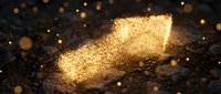 Golden glitter particles scattered on dark surface with bokeh lights, creating luminous trail effect for luxury, celebration, and festive design projects.
