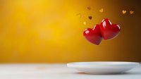 Red glossy hearts floating above white plate against warm golden background, romantic mood with small heart shapes scattered in soft focus. Love concept for Valentine's day.