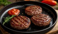 Juicy grilled beef burger patties with grill marks on black cast iron pan, seasoned with herbs and spices, served with roasted cherry tomatoes and fresh rosemary.