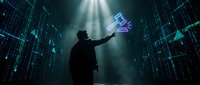 Silhouetted male professional holding glowing digital cube amid falling data streams and towering skyscrapers, representing innovation, technology leadership, and digital transformation in business.