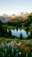 Serene alpine lake surrounded by snow-capped mountains and vibrant wildflower meadow during golden hour sunset creating peaceful wilderness landscape.