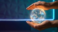 Hands protecting glowing Earth globe with continents visible, symbolizing environmental conservation and global responsibility for planet care.