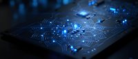 Futuristic circuit board with glowing blue LED lights and electronic components for technology and innovation concepts in digital transformation projects.