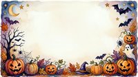 Watercolor Halloween border frame with pumpkins, bats, ghost, spider web, crescent moon, and autumn leaves on white background, isolated for design use.