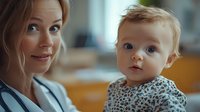 Young female pediatrician in white coat examining adorable baby patient with big blue eyes wearing leopard print outfit during routine medical checkup in bright clinic office.