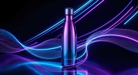 Metallic water bottle with vibrant neon light trails in purple and blue creating dynamic flowing waves on dark background for modern lifestyle branding.