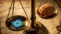 Vintage brass scales balancing human brain and computer chip representing artificial intelligence versus human intelligence concept for technology ethics.