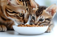 Two Bengal kittens eating dry food from white ceramic bowl, close up view of striped cats faces and whiskers during feeding time on light background.
