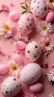 Decorated Easter eggs with gold star patterns and pink daisies on pastel pink background. Festive spring holiday composition with floral elements and soft lighting.