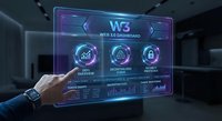 Businessman touching futuristic holographic dashboard interface with data analytics charts and security icons in modern office environment.