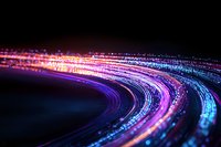 Glowing curved light trails with pink, purple and blue neon colors against dark background create dynamic motion effect for technology concepts.
