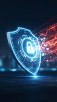 Digital cybersecurity shield with glowing padlock protecting against data breach and cyber attacks in futuristic network environment.