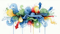 Creative business innovation concept with colorful abstract shapes, arrows, lightbulb and geometric elements representing growth and ideas.