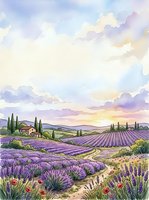 Watercolor lavender fields landscape with rolling hills, cypress trees and farmhouse under pastel sky for relaxation and nature themes.
