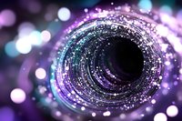 Glowing spiral tunnel with purple and blue bokeh lights creating magical cosmic effect against dark background, abstract space-time concept for science designs.