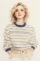 Young woman with blonde wavy hair wearing striped cream sweater and beige pants, looking upward with natural makeup in soft artistic style portrait.
