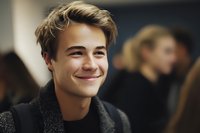 Young Caucasian man with tousled blonde hair smiling warmly in social setting, wearing dark sweater against blurred background of people.