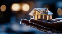 Glowing miniature house model held in hands against dark background with bokeh lights, representing real estate, property investment and home ownership.