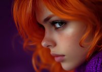 Young woman with vibrant orange curly hair and freckles in profile view against purple background, dramatic lighting highlights facial features and makeup.