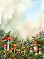 Watercolor forest floor scene with red and brown mushrooms, toadstools, ferns, and wild plants on soft pastel background. Suitable for children's book illustrations, nature-themed designs, and woodland artwork.