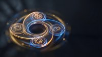 Glowing golden and blue circular gears with intricate symbols rotate in futuristic motion, ideal for technology, innovation, and digital transformation concepts.