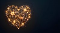 Glowing heart shape made of golden light trails and sparks on dark background for romantic designs, Valentine's Day celebrations and love concepts.