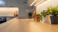 Modern kitchen interior with wooden countertop and green plants in contemporary home design for cooking and dining lifestyle decoration.