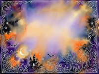 Halloween watercolor background with ornate border, spooky castle silhouette, crescent moon and bats in purple orange sky for seasonal design projects.