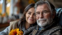 Heartwarming portrait of senior father and adult daughter sharing tender moment together, with sunflower bouquet, expressing family bond and generational connection.