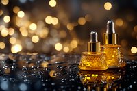 Golden serum drops in luxury glass bottles on dark reflective surface with bokeh lights background, cosmetic skincare product photography.