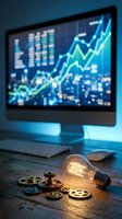 Monitor displaying upward trending financial charts with glowing blue graphs, accompanied by illuminated lightbulb and golden gears on desk for business innovation and growth concepts.