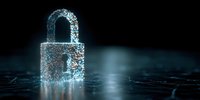 Digital padlock made of glowing blue particles on dark background, symbolizing cybersecurity and data protection for technology companies.
