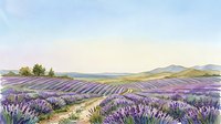Lavender field landscape with rolling hills and distant mountains under soft morning light, suitable for travel, nature, and wellness design projects.