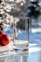 Empty glass with natural light and shadow play on white surface near red apple, creating elegant minimalist composition with winter scene in background.