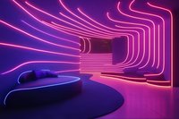 Modern futuristic interior with curved neon pink lighting, circular sofa and glowing lines on purple walls creating dynamic perspective and depth.