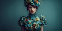 Young woman in elaborate floral costume with ornate headpiece and dress covered in colorful flowers against teal background for fashion photography.