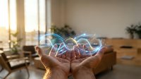 Hands holding glowing digital network connections with data visualization elements in modern office environment for technology and connectivity concepts.