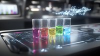 Colorful laboratory test tubes with glowing liquids on digital surface emit magical particles, science concept for research and innovation background.