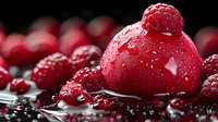 Fresh ripe red raspberries with water drops on dark background, macro shot with selective focus and bokeh effect, food photography concept.