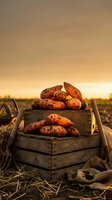Fresh harvested sweet potatoes in rustic wooden crates at golden hour sunset on farm field with warm agricultural lighting for organic farming concepts.