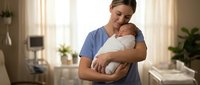 Caucasian female nurse in blue scrubs gently holds a sleeping newborn baby in a hospital maternity ward, expressing care and tenderness.