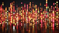 Abstract cityscape with glowing skyscrapers and warm bokeh lights creating urban nighttime atmosphere for modern digital backgrounds and presentations.