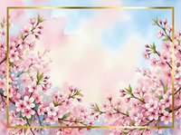 Spring cherry blossom frame with pink flowers and golden border on pastel watercolor background for wedding invitations and greeting cards.