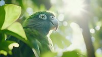 Green parrot with curved beak in profile view against blurred natural background with bokeh lights and fresh leaves, creating soft dreamy atmosphere.