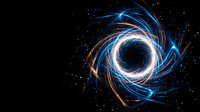 Abstract spiral energy vortex with glowing blue and orange light trails creating dynamic swirling motion against dark starry space background for digital art projects.
