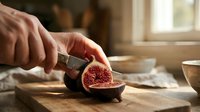 Fresh ripe figs being sliced on wooden cutting board in bright kitchen with natural light, suitable for food photography, culinary blogs, recipe websites, and cooking content.
