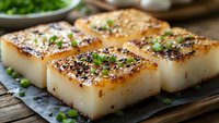 Pan-seared white turnip cake garnished with sesame seeds, green onions on rustic wooden surface, close up view of traditional Asian dim sum appetizer.