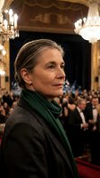 Elegant mature woman with gray hair and green scarf at formal event in luxurious ballroom with crystal chandeliers and crowd of people in background.