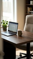 Modern home office workspace with laptop computer, coffee mug and plant on wooden desk near window for remote work productivity and business tasks.