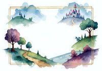 Watercolor fairytale landscape with castle on mountain, winding path through rolling hills, trees and clouds in soft pastel colors for children stories.